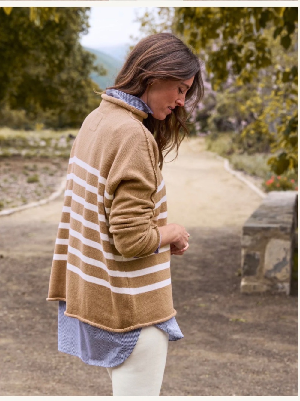 NEW Frank & Eileen Monterey Cotton Sweater in Camel Cream Stripe, Medium - Picture 4 of 10